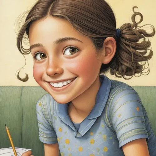 a girl, solo, upper body, smile, ,girl with cereal bowl,a girl's smile,agnes,girl portrait,girl drawing,girl with bread-and-butter,kids illustration,clove,child portrait,cute cartoon character,portrai