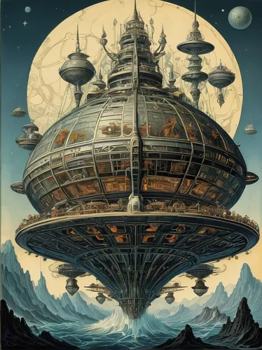 sea fantasy,baron munchausen,space ships,airships,space ship,sci fiction illustration,alien ship,science fiction,carrack,star ship,panopticon,spaceship space,copernican world system,starship,heliosphere,science-fiction,airship,spacecraft,turtle ship,spaceships,Illustration,Retro,Retro 24