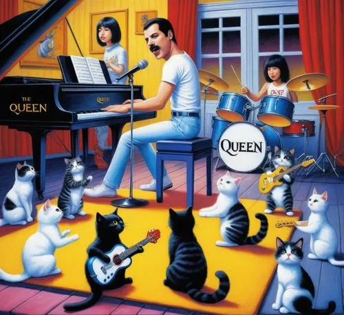 Freddie Mercury in a blue jeans and white tank top plays the piano and sing a sweet ballad and cute cats play the drum with logo "Queen", the bass guitar and black fluffy cat play the electric guitar 