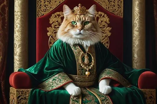 Regal emperor cat, majestic posture, crown-like headgear, shimmering golden fur, piercing green eyes, fluffy whiskers, dignified facial expression, ornate imperial robe with intricate embroidery, luxu