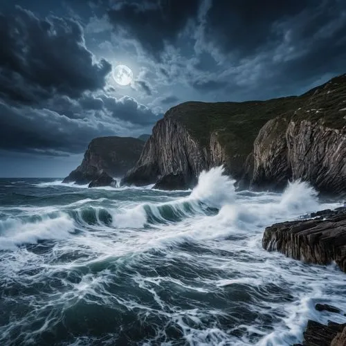 A dramatic coastal scene featuring turbulent waves crashing against rocky cliffs under a cloudy sky. The moonlight illuminates the water, creating a shimmering effect on the surface, while dark clouds