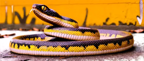 Snake, coiled posture, scaly skin, brown and yellow stripes, forked tongue out, beady eyes, solo, morning dew, soft natural light, 3/4 composition, shallow depth of field, warm color tone, cinematic l