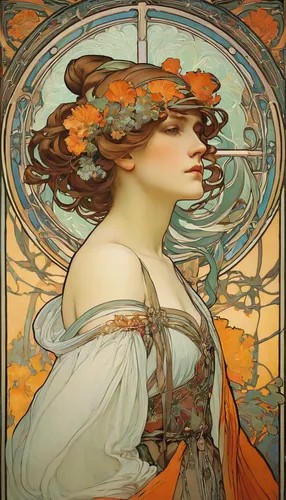 mucha,art nouveau,art nouveau design,art nouveau frame,alfons mucha,art nouveau frames,rusalka,girl in a wreath,flora,artemisia,amano,golden wreath,siren,orange blossom,1905,1906,the sea maid,fiori,art deco woman,accolade,Illustration,Retro,Retro 03