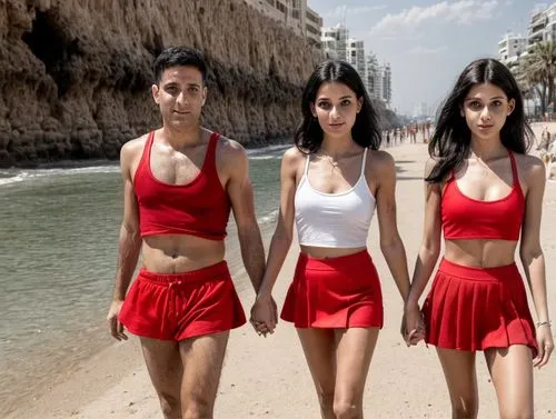 They travel in Tel Aviv hand in hand.  He wears shorts and a t-shirt.  She wears a red mini skirt and a tank top.,tropico,money heist,baywatch,polygyny,the dead sea,dead sea,serebro,moltisanti,rajnees