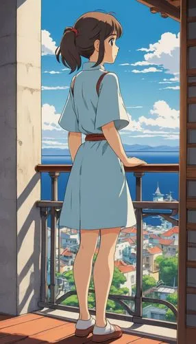 akko,studio ghibli,honolulu,rooftop,ocean view,on the roof,balcony,binoculars,seaside view,summer day,window sill,hiyayakko,rooftops,a girl in a dress,windowsill,sanya,overlook,roof top,scenery,seaside,Illustration,Japanese style,Japanese Style 07