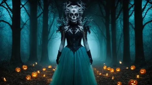 blue enchantress,fantasy picture,dark art,sorceress,gothic woman,haunted forest,dance of death,the witch,gothic portrait,the enchantress,queen of the night,priestess,angel of death,fantasy art,dark elf,dead bride,fantasy portrait,gothic dress,halloween background,maiden