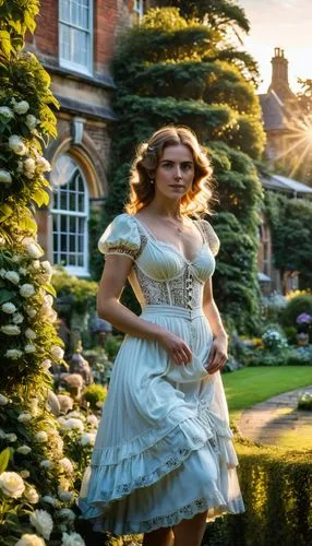 a woman in white gown standing outside a house,pemberley,glyndebourne,knightley,kelly brook,scherfig,blonde in wedding dress,Photography,General,Realistic