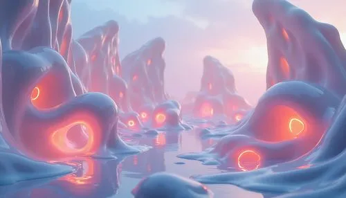 Blob-like structures, futuristic architecture, iridescent materials, glowing accents, neon lights, fluid shapes, rounded edges, avant-garde design, dreamy atmosphere, surreal landscape, misty backgrou