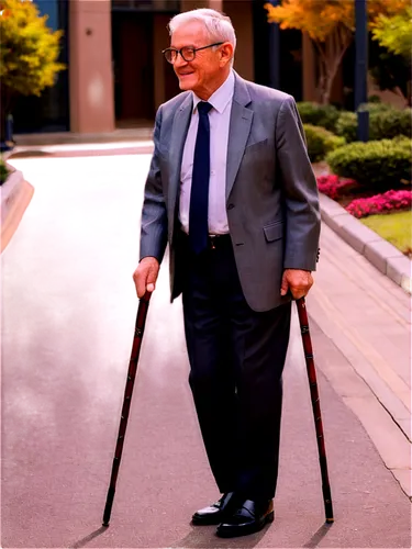 Elderly man, senior citizen, solo, (70yo), wrinkled face, grey hair, glasses, suit, white shirt, tie, black trousers, leather shoes, walking stick, gentle smile, soft lighting, warm color tone, cinema