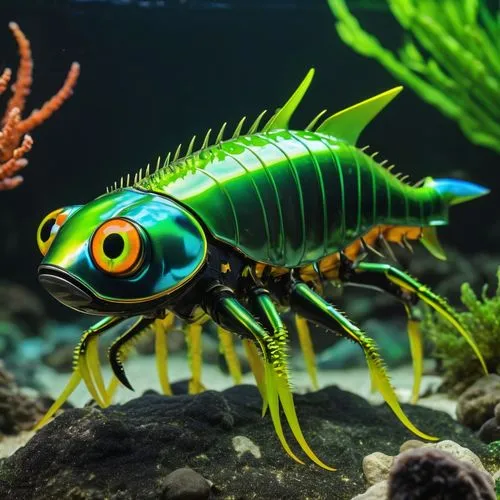 Theoretical representation of 3 non-terrestrial neon green and iridescent glossy black aquatic creatures with two limbs, large yellow compound eyes, segmented abdomen, two sets of claws, triangular sc