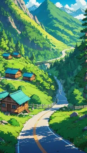 butka,mountain village,mountain valley,alpine village,landscape background,cartoon video game background,Illustration,Japanese style,Japanese Style 03