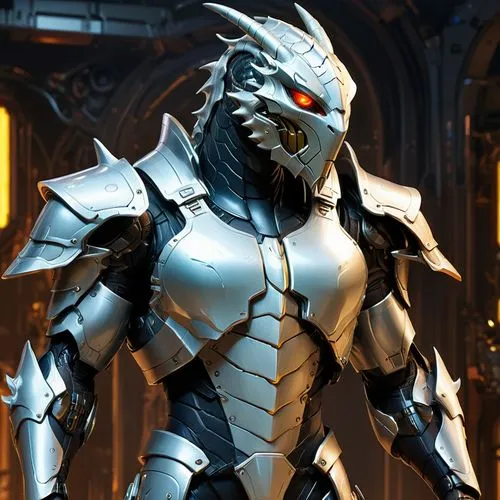 A futuristic bionic character resembling a humanoid dragon, standing on two feet. The character has a sleek, metallic body with dragon-like features, including scaled armor plating, claws, and a tail.