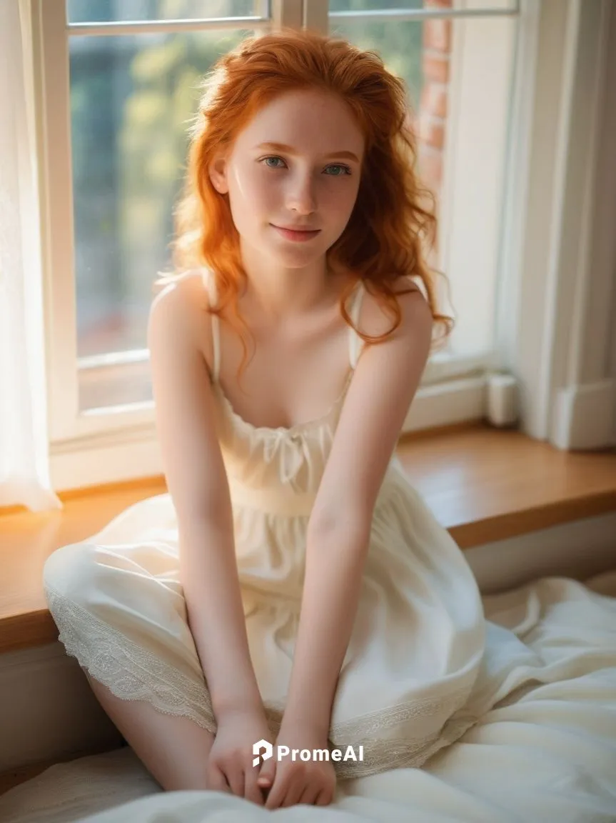 A young girl with tousled red hair lies on a windowsill, her eyes open. The sunlight streams through the window and casts a warm glow on the scene. The girl's gentle smile is broad. The room is cozy a