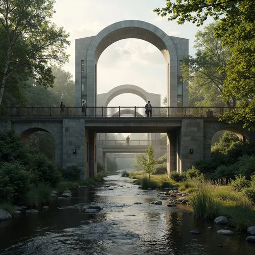 Majestic arch bridges, serene riverside scenery, lush greenery, natural stone foundations, wooden railings, gentle water flow, misty morning atmosphere, soft warm lighting, shallow depth of field, 3/4