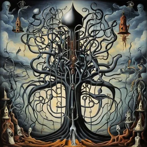 alchemy,dance of death,hanged man,surrealism,mirror of souls,tree of life,occult,mysticism,clockmaker,horn of amaltheia,esoteric,hierarchic,equilibrium,death god,tower of babel,tetragramaton,surrealistic,celtic tree,el salvador dali,god shiva,Illustration,Black and White,Black and White 07