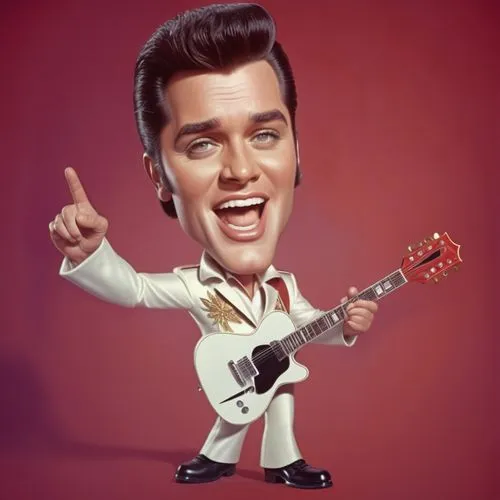 Caricature style drawing of a celebrity, big head, small body, exaggerated facial expressions. A 3D animated character resembling Elvis Presley, wearing a whiteA jumpsuit with red and gold accents, bl