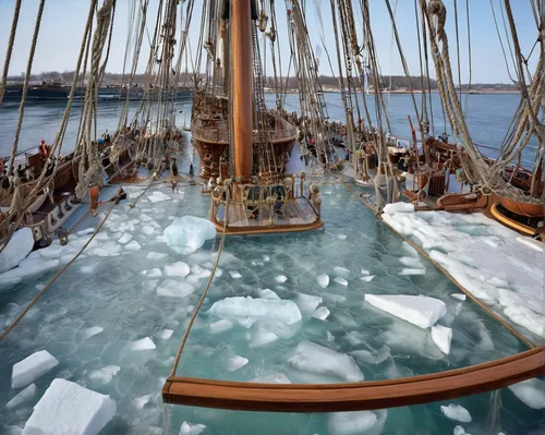 A photograph taken from the rigging of the tall ship Europa, looking down at the deck of the ship. There are chunks of ice floating in the sea.,full-rigged ship,ice boat,icebreaker,sea sailing ship,ta