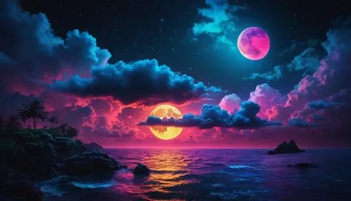 ocean paradise,purple moon,alien planet,planet alien sky,fantasy picture,fantasy landscape,ocean,ocean background,tropical sea,moonrise,alien world,ultraviolet,moon and star background,hanging moon,sea night,purple landscape,vapor,tropics,delight island,dusk background,Photography,General,Fantasy