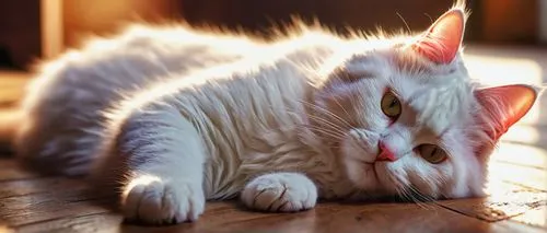 Cute crying cat, solo, (3yo), white fur, pink nose, tears in eyes, eyeliner, whiskers, fluffy ears, soft paws, lying down, wooden floor, dim room, warm lighting, cozy atmosphere, afternoon sunbeam, re