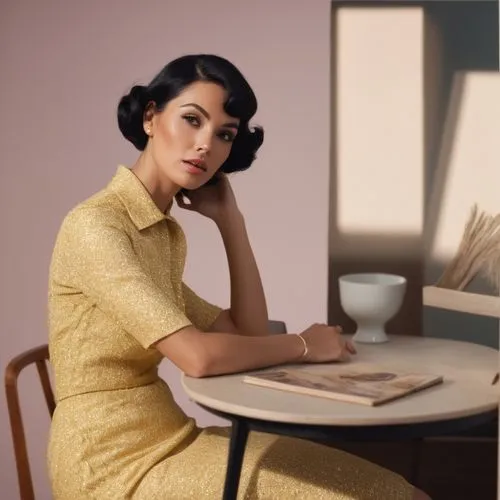 retro 60'st,black hair,model,a woman with a high bun sitting at a round table,kimbra,retro woman,secretarial,farrokhzad,vintage woman,blumenfeld,Photography,General,Natural