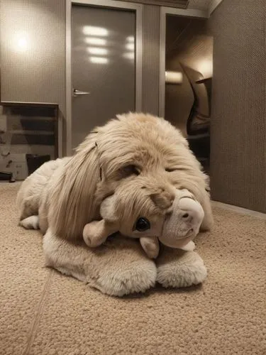 a large dog laying on top of a plush teddy bear,cuddling bear,cuddly toy,baby and teddy,stuffed animal,teddy bear crying,stuffed toy,Game Scene Design,Game Scene Design,Realistic