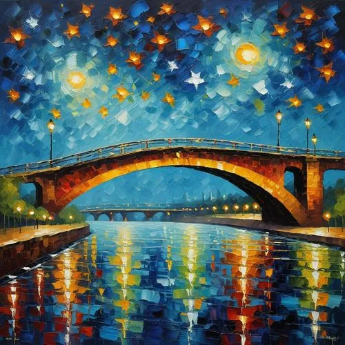 starry night,angel bridge,rainbow bridge,memorial bridge,bridge,under the bridge,arch bridge,hanging stars,bridges,highway bridge,colorful stars,pont d'avignon,bridge arch,night stars,viola bridge,oil painting on canvas,danube bridge,starry sky,humpback bridge,love bridge,Art,Classical Oil Painting,Classical Oil Painting 18