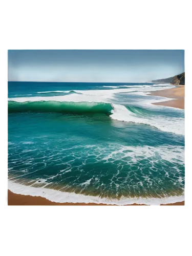 Cool ocean wave, calm sea surface, blue-green water, sunlight reflection, foam crest, ripples, shallow depth, sandy beach, rocky shore, clear horizon, 3/4 composition, soft focus, warm lighting, seren