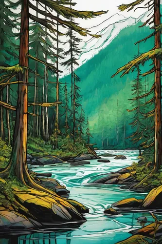 spruce forest,coniferous forest,river landscape,mountain river,river pines,forest landscape,flowing creek,temperate coniferous forest,spruce-fir forest,forests,larch forests,world digital painting,british columbia,red cedar,digital painting,river juniper,forest background,landscape background,a river,mountain stream,Illustration,Realistic Fantasy,Realistic Fantasy 23