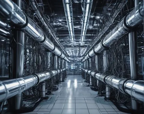 Data pipeline architecture, modern futuristic background, sleek metallic structures, tubes, wires, servers, processing units, glowing blue lights, holographic displays, minimalist aesthetic, low-angle