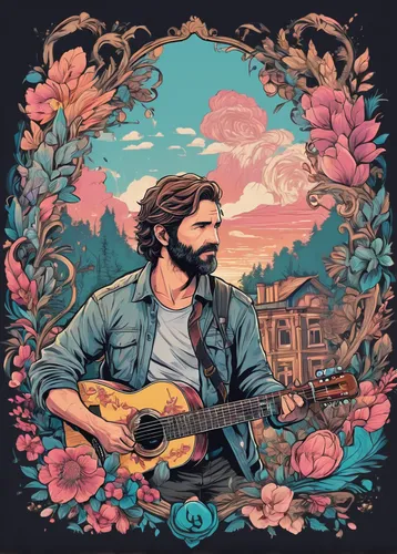 passenger groove,way of the roses,free land-rose,vector illustration,passenger,rosa ' amber cover,denali,bard,magnolia,cd cover,oasis,cavaquinho,old country roses,banjo player,guitar,country song,alaska,digital illustration,rose garden,serenade,Conceptual Art,Fantasy,Fantasy 24