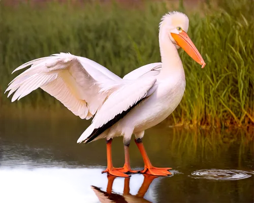 Large pelican, white feathers, orange beak, wings spread wide, standing on one leg, water reflection, morning sunlight, soft focus, shallow depth of field, warm color tone, cinematic lighting, 3/4 com