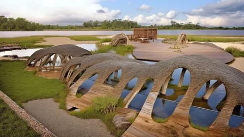 unusual roof structure made out of sticks and reed,earthship,cube stilt houses,ecovillages,crannog,ecovillage,longhouses,Photography,General,Realistic