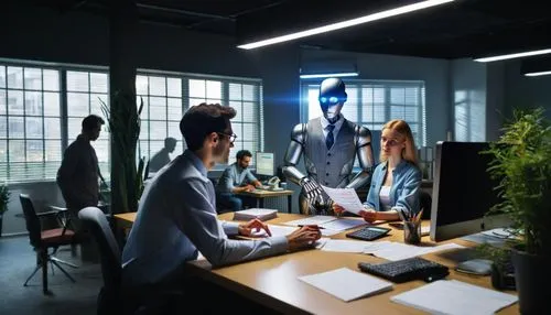 This meeting is being held in the offices of a tech start up. There are a few other casually dressed employees working at computers.  There are a few plants,neon human resources,blur office background