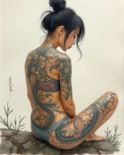 japanese art,hoshihananomia,tattoo girl,lotus tattoo,oriental girl,japanese woman