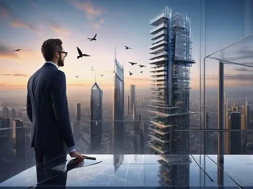 Modern skyscraper, sleek metallic façade, intricately designed framework, cantilevered floors, glass walls, steel beams, reinforced concrete pillars, LED lights embedded in the exterior, futuristic ci