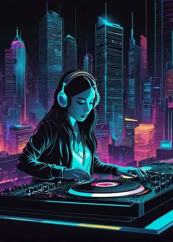 electronic music,dj,vector illustration,electronic,disc jockey,vector art,cyberpunk,disk jockey,techno,music background,neon lights,vector graphic,trance,neon light,midi,neon,mixing table,playmat,dj party,rave,Illustration,Japanese style,Japanese Style 15