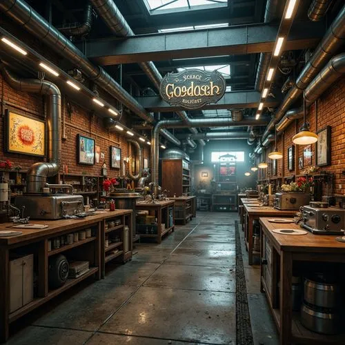 Metallic machinery, industrial pipes, worn wooden workbenches, retro-futuristic gadgets, neon-lit signage, distressed concrete floors, exposed brick walls, copper accents, sleek metallic surfaces, hig