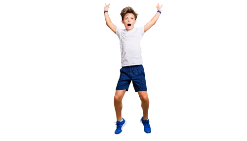 Dynamic athletic boy, jumping pose, energetic facial expression, messy short hair, sweat droplets on forehead, white sporty shirt, dark blue sport shorts, sport shoes with bright laces, dynamic moveme