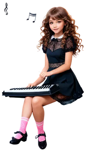 Colorful drawing, cartoon style, fantasy world, magical girl, holding key, sparkling eyes, curly brown hair, pink dress, lace socks, black Mary Janes, sitting on floor, surrounded by musical notes, sh