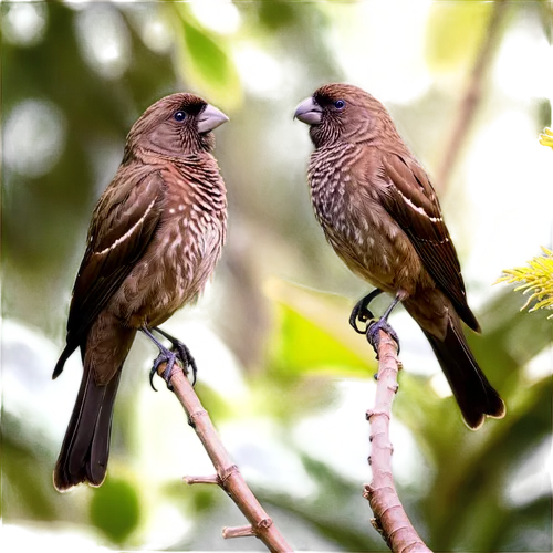 Darwin's finches, Galapagos Islands, brown and grey feathers, beaks varying in shape and size, perched on branch, tropical forest background, warm sunlight filtering through leaves, shallow depth of f