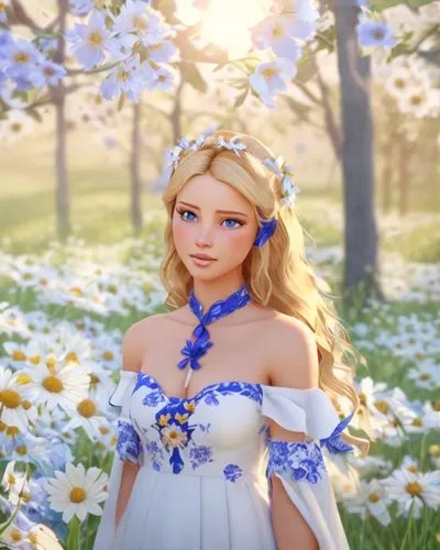 BLONDE WOMAN IN THE FIELD OF FLOWERS DAISY WITH A RADIANT SUN, LONG CURLY HAIR, DRESSED WITH BLUE AND WHITE FLORAL NECKLINE,,jessamine,flower fairy,spring background,springtime background,bluebonnet,s