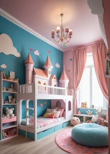 Whimsical kid's bedroom, colorful architecture design, fairy-tale like castle bed, soft pink and blue walls, white wooden furniture, cartoon character decals, fluffy cloud-shaped pillows, toy-filled s