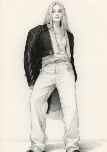 黑白，女,drawing of a woman wearing jeans and jacket,madonna,britney,prerogative,kudrow,fashion sketch,whigfield,Illustration,Black and White,Black and White 13