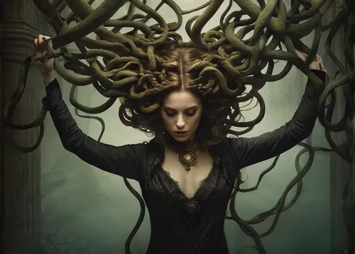 medusa,medusa gorgon,tendrils,the enchantress,gorgon,dryad,queen cage,vine tendrils,tendril,crown of thorns,rooted,root,branched,the witch,priestess,tentacles,gothic woman,cnidaria,gothic portrait,sorceress,Photography,Artistic Photography,Artistic Photography 14