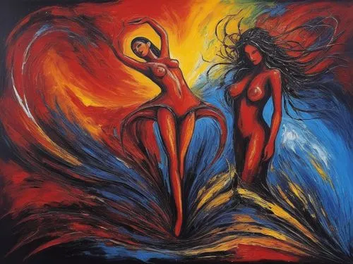 dancing flames,fire dance,vivants,angel and devil,annunciation,dancing couple,oil painting on canvas,beltane,bodypainting,the annunciation,momix,contradanza,uvi,indigenous painting,fire angel,aflame,garamantes,dancers,fire dancer,art painting,Illustration,Realistic Fantasy,Realistic Fantasy 33