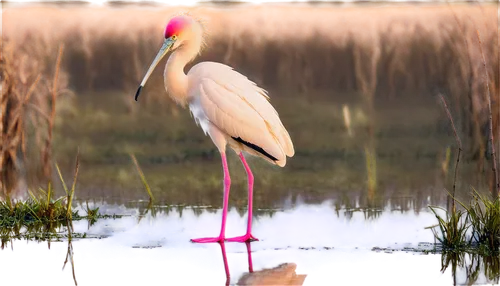 Spoonbill bird, white feathers, pink face, yellow bill, long neck, slender legs, wetland habitat, morning mist, soft sunlight, 3/4 composition, shallow depth of field, warm color tone, cinematic light