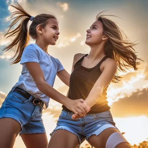 A girl play with another girl,two girls,girl and boy outdoor,trampolining--equipment and supplies,children jump rope,little girls walking,children girls,sports dance,young women,children's background,