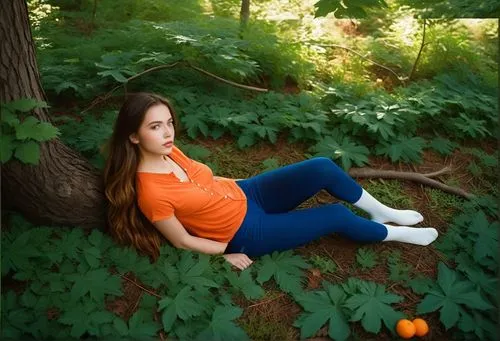 the serene landscape of a caucasian girl's home comes alive as she gazes down on a forest of emerald green leaves. She wears a cozy blue blouse and a black top, and a cozy blue shorts white socks, whi