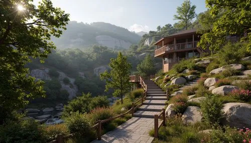 cryengine,cliffside,riverwood,house in the mountains,house in mountains,rivendell,sansar,mountain settlement,fallingwater,tigers nest,wudang,mountainside,seclude,render,walkway,riftwar,mohonk,winding steps,hillside,chalet