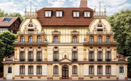 a 1800 century town house in germany, red brick facade, cream yellow columns, dark green roof, 
daylight, trees,würzburg residence,dürer house,schleissheim palace,fairy tale castle sigmaringen,schwäbi